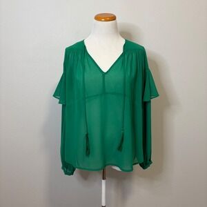Line & Dot Green Blouse V-Neck Ruffle Sleeve Tassel Tie Sheer‎ XS